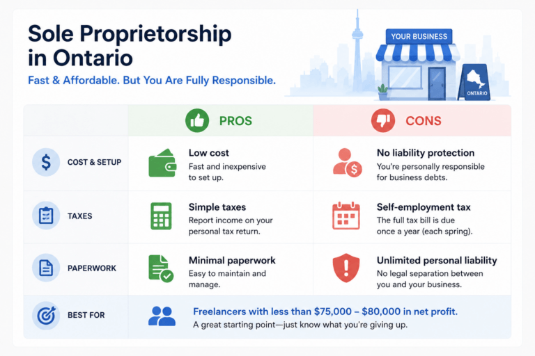 Infographic summarizing the pros and cons of sole proprietorship in Ontario for freelancers