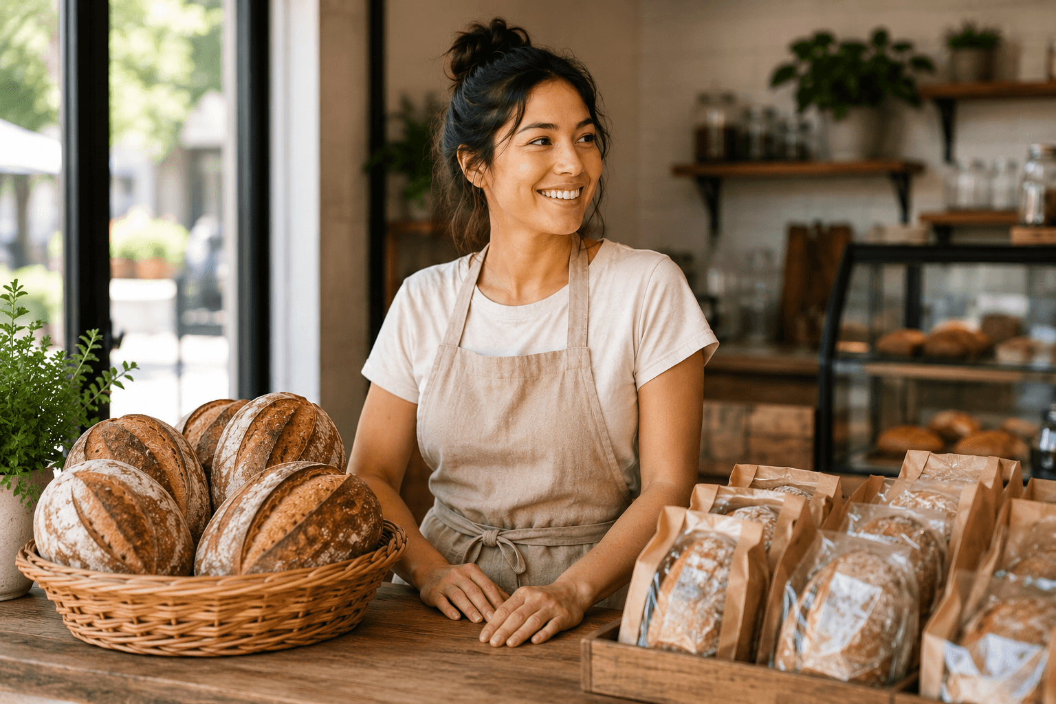 Small bakery owner with fresh sourdough bread