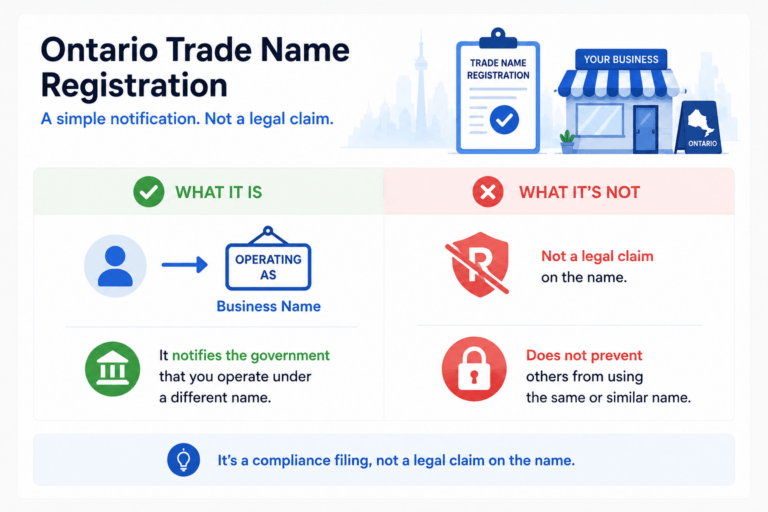 Infographic explaining Ontario trade name registration rules and legal claim limits